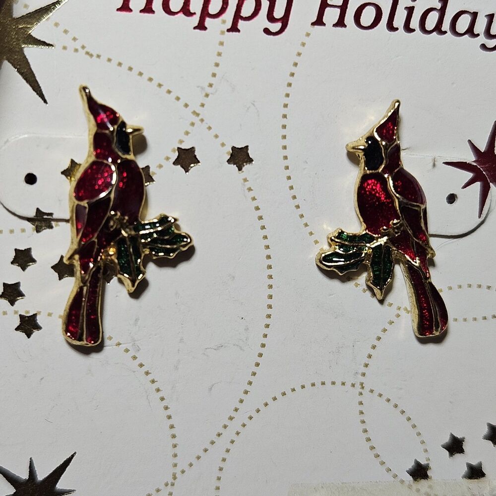 Gold Tone Red Black Green Enamel Cardinal Holiday Earrings
